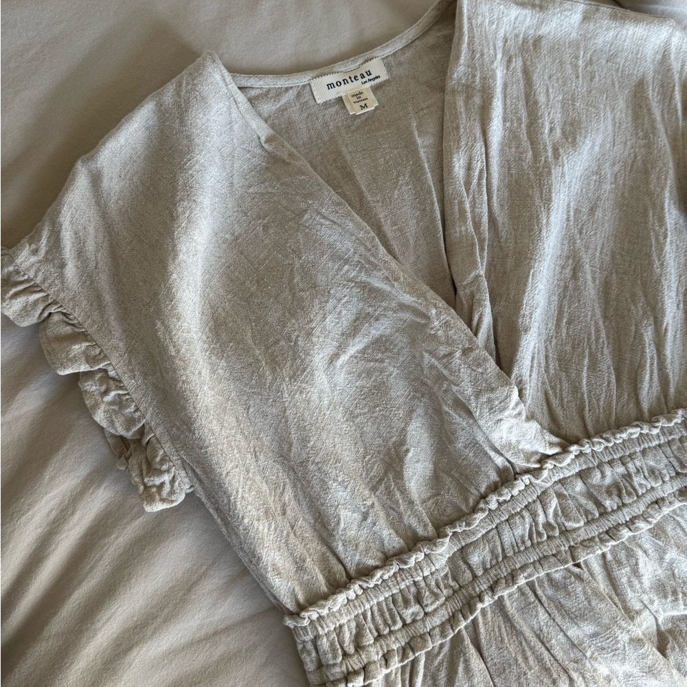 Linen V Neck Ruffle Dress - Picture 3 of 4